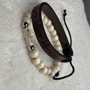 Brown Leather Cross Embossed Bracelet & Neutral Cream Cross Beaded Bracelet